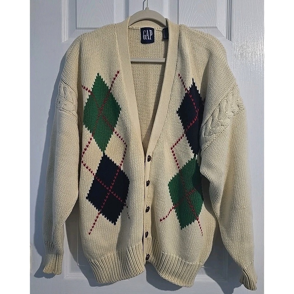 Gap Cardigan Sweater Womens Large Cream Argyle Chunky Knit Preppy Vintage